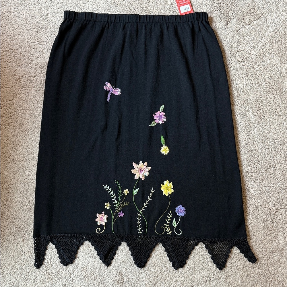 Storybook Knits Black Skirt with Floral Embroidery